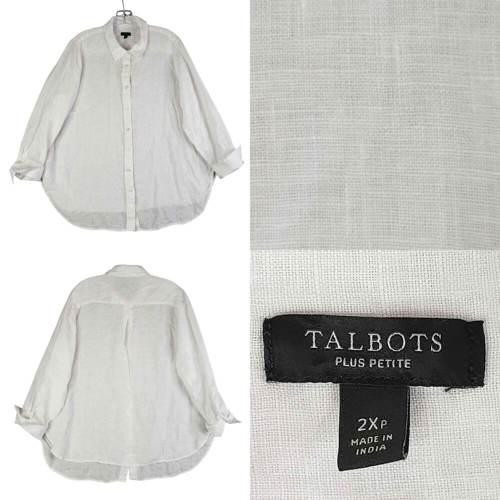 Talbots Shirt Top Womens Plus Size 2Xp Button Up Linen Solid White Lagenlook